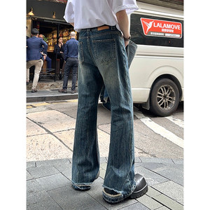 
junmanner micro-flare wide-leg American retro fashion brand straight-leg frayed jeans spring and summer boys' pants