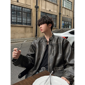 
Junmanner retro Maillard old leather motorcycle leather jacket for men's autumn short loose stand collar PU leather jacket trendy