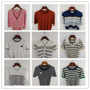 
Vintage Korean style loose slim solid color pattern short knitted ice silk spring and summer bottoming shirt top cardigan