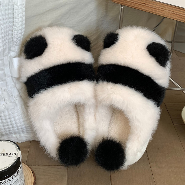 Thin strips of panda cotton slippers for women winter indoor home use non-slip cute plush warm confinement soft-soled shoes