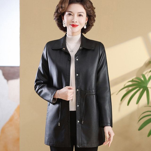 Leather jacket for women in middle-aged and long mother spring and autumn coat fashionable noble belt to cover the belly and make middle-aged and elderly women's leather windbreaker