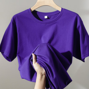 Comfortable, casual and versatile! Dark purple loose round neck short-sleeved T-shirt for men and women's sports couple solid color tops for women
