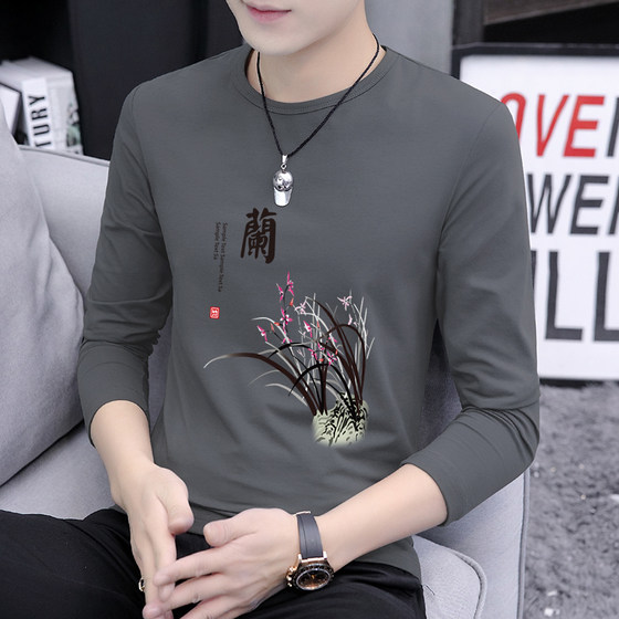 
2025 new men's long-sleeved T-shirt trendy and versatile printed Chinese style casual thin autumn clothes base shirt