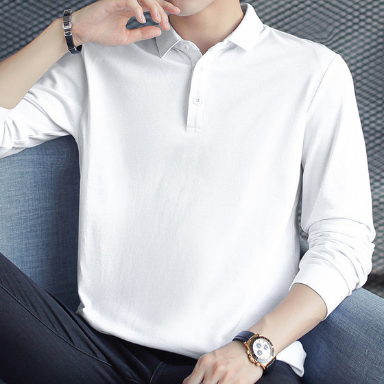 Queen POLO shirt men's long -sleeved T -shirt solid white slim Paul has a bottom shirt to lead the autumn clothes