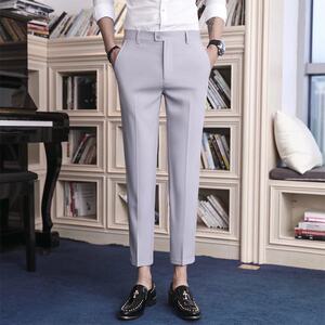 
Hairdresser light gray cropped pants for men's business trousers summer retro Japanese slim feet trousers crease drooping