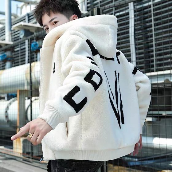 
Lamb velvet jacket men's autumn and winter new American trendy brand handsome hooded cotton jacket thickened warm couple cotton coat