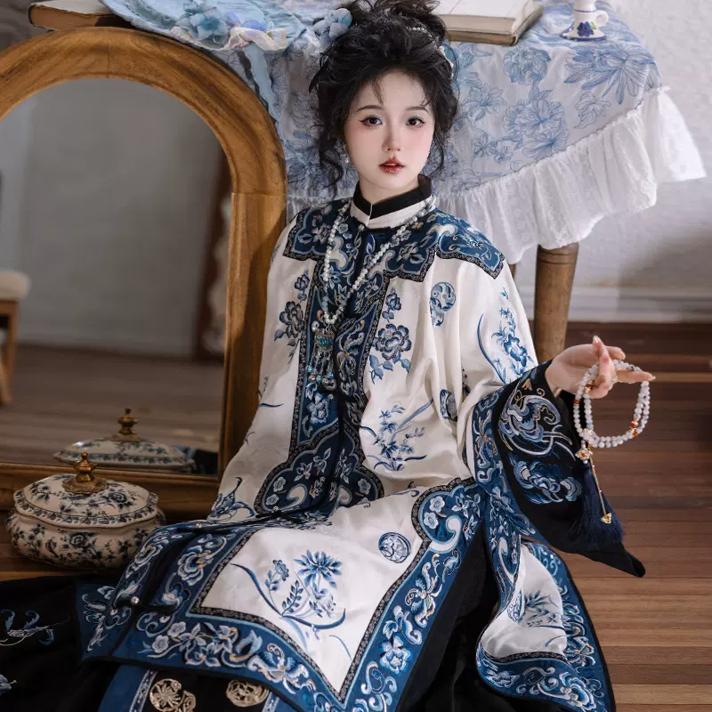 花神妙 花月夜 刺繍對襟褂 黒青色アウター 清漢女 中華風 着物