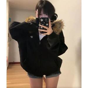 
American retro fur collar zipper cardigan hooded sweatshirt for men and women 2024 autumn and winter loose couple tops and jackets