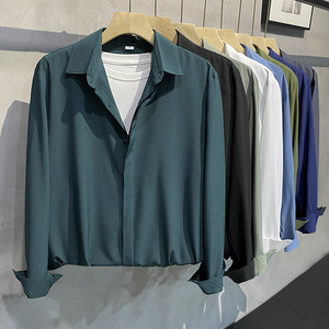 
Trendy brand men's design shirt dark green personalized casual inner shirt long-sleeved Korean style ice silk handsome coat