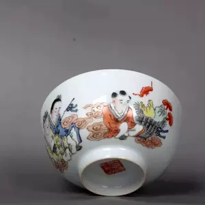 中国 同治年製款 粉彩 螽斯柘榴文 八角煎茶碗 五客 時代箱付 M