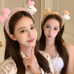【Peach Tea】Cute Sisters Leopard Print Plush Kt Cat Headband for Women, Special for Face Washing, Adorable Cartoon Headband