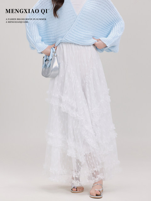 Meng Xiaoqi's white elastic waist lace black ear skirt with women's spring sweet princess super fairy long skirt versatile