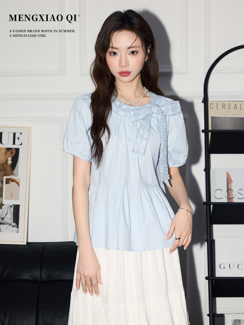 Meng Xiaoqi bow blue puff sleeve shirt women's summer lace strap shirt special beautiful top