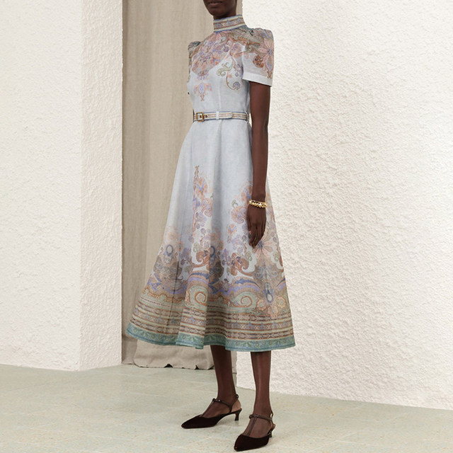 2025 Spot Australian Autumn New Silk Linen Small High Neck Belt Waist Short Sleeve Mid-Length Dress with Suspenders