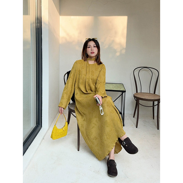 Vogana Cannes Large size original French elegant temperament texture, wrinkle, ribbon loose flared sleeve dress