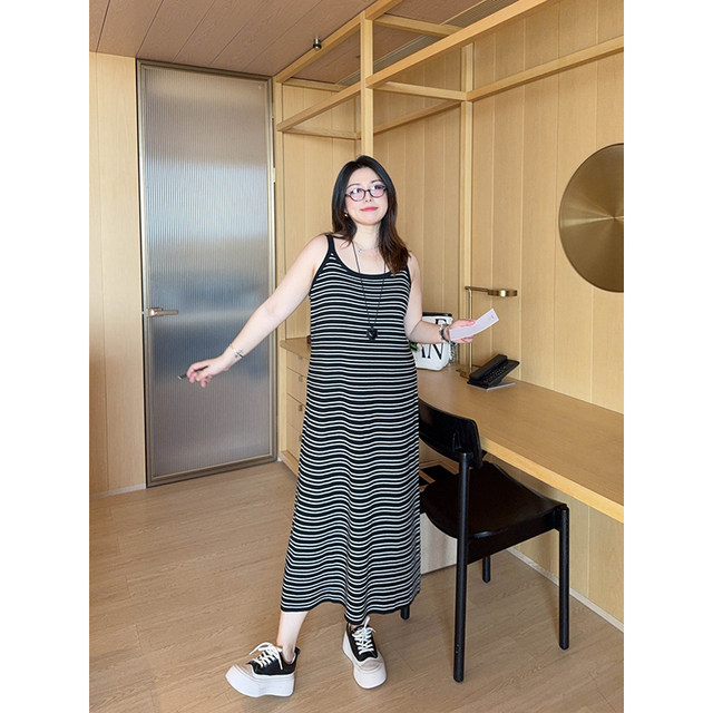 VOGANA Cannes home large size women's paper sheet people temperament casual striped dress spring waist A-line suspender skirt
