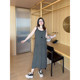 VOGANA Cannes home large size women's paper sheet people temperament casual striped dress spring waist A-line suspender skirt
