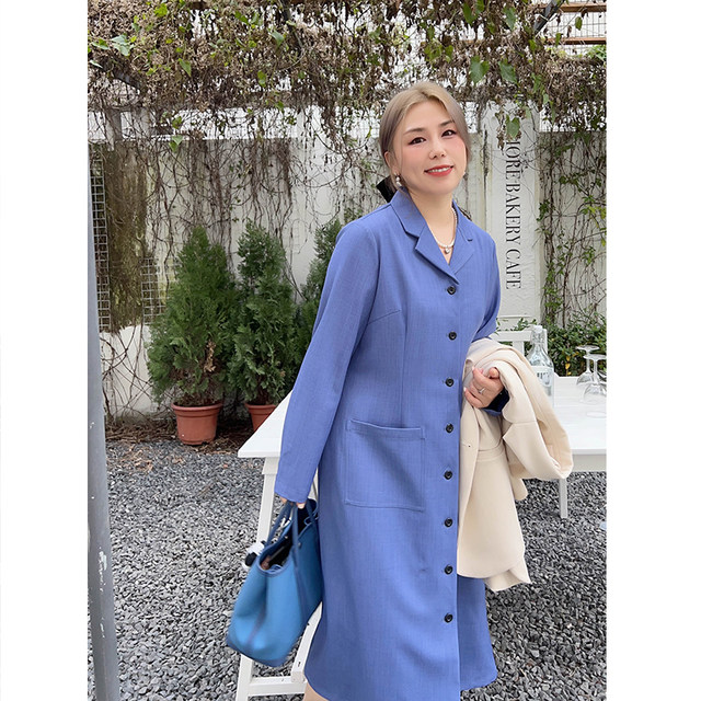 Vogana Cannes Family Large size original Korean version of the temperament, artistic, simple solid color long skirt, loose refute collar dress
