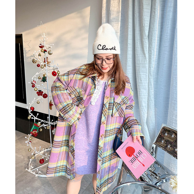 Cannes Large Size New Year Rainbow Check Korean Style Loose Padded Warm Long Wool Coat Jacket