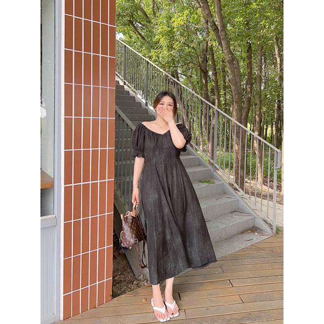 vogana Cannes home large size original French afternoon tea skirt for women's summer large v-neck waist A-line slim dress