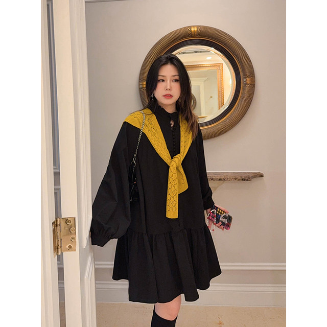 VOGANA Cannes home large size women's clothing French elegant loose slim waist-hugging ruffled mid-length dress