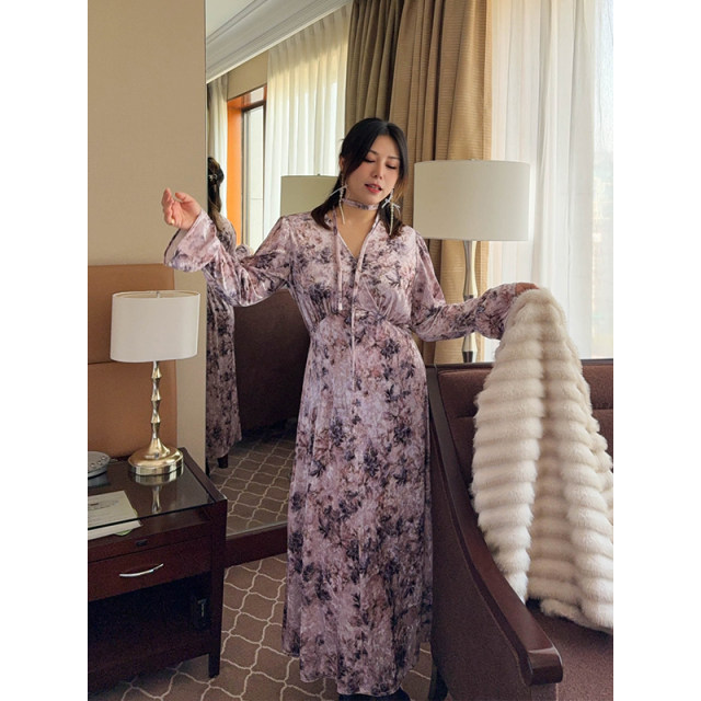 Vogana Cannes Large -size Original Champs Dinner French Warm velvete Vegetable Edge waist A -line dress