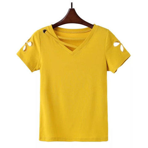 Pure cotton short-sleeved T-shirt women's summer new design hollow v ...