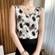 Summer acetic acid satin round neck printed wide shoulder strap vest women's top with loose base and suit
