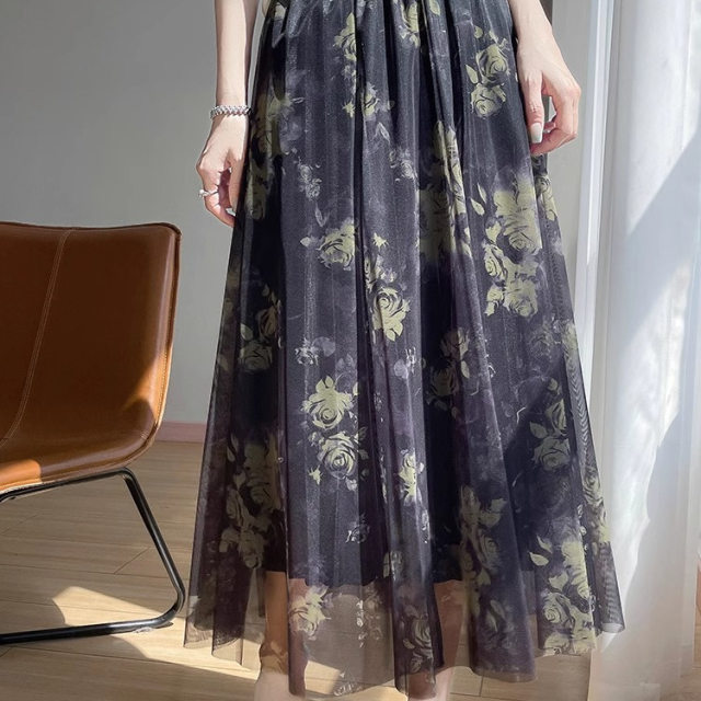 
2025 summer new mesh printed retro fashionable high-waisted skirt draped temperament slim and large midi skirt