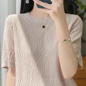 
Short-sleeved T-shirt for women 2026 new breathable large size women's spring and summer jacquard loose thin ice silk sweater top