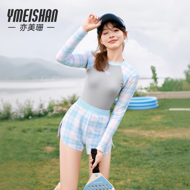 
Yimeishan long-sleeved swimsuit for women's swimming pool, special one-piece flat corners to make you look slim and cover your flesh, junior high school students' swimsuits soak in hot springs