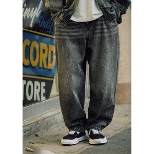 
Batterup autumn and winter new casual pants Japanese loose black washed distressed whiskered straight jeans for men