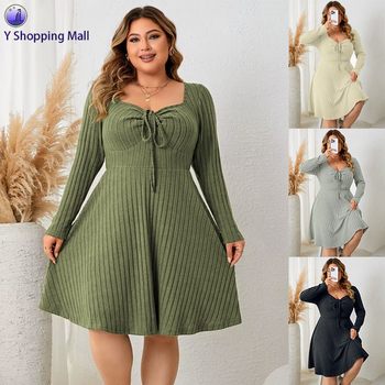 Large size fat MM temperament square collar dress long sleeve skirt
