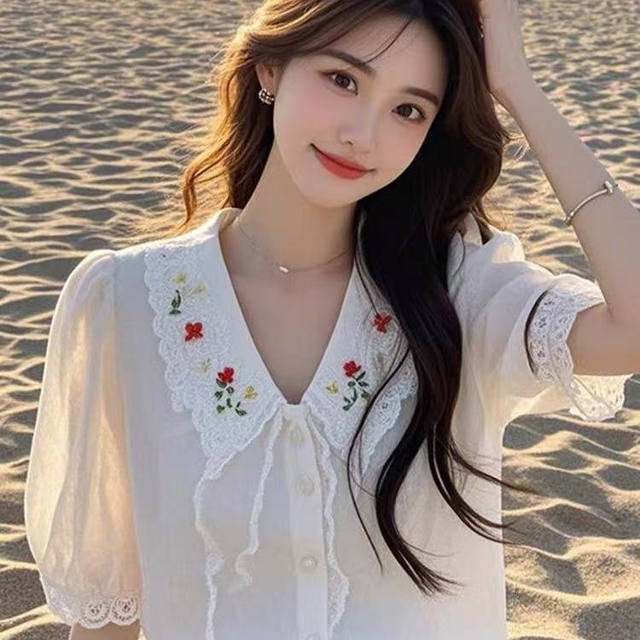 White chiffon lace embroidered short-sleeved shirt for women's summer 2025 new high-end puff sleeve v-neck top