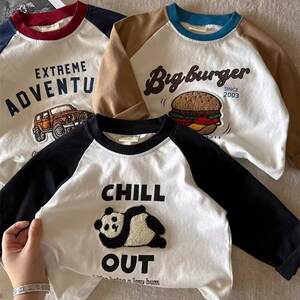 Children's splicing T -shirt long -sleeved spring boys' foreign shirt contrasting color tide small baby cartoon bottom shirt female pure cotton
