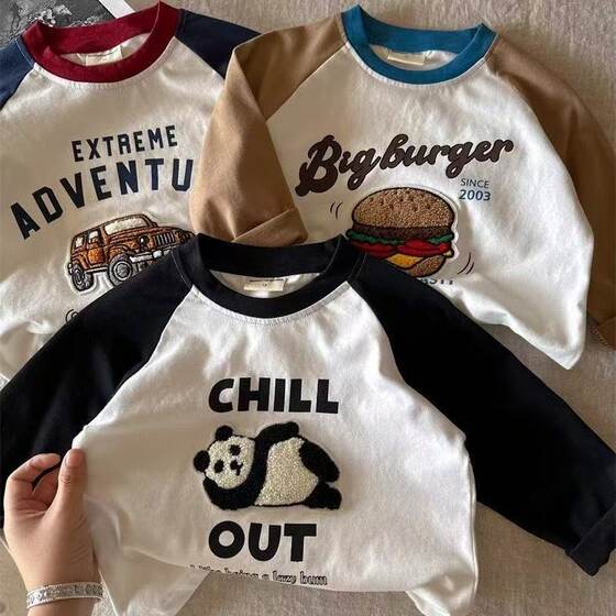Children's splicing T -shirt long -sleeved spring boys' foreign shirt contrasting color tide small baby cartoon bottom shirt female pure cotton

