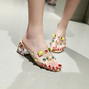 
European and American foreign trade transparent slip-on outer wear thick-heeled high-heeled shoes 46 large size rivet rhinestone heels fashion sandals half drag