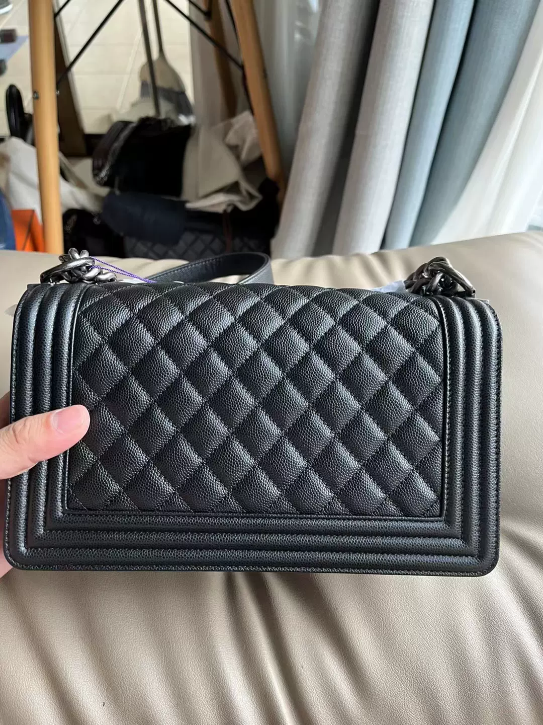 99新香奈儿chanel leboy黑银荔枝皮中号单肩斜挎包女包