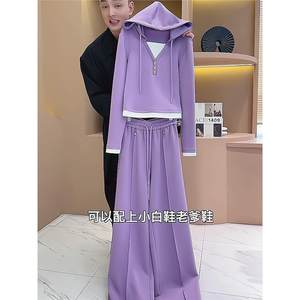 
Purple casual sports suit for women in autumn 2025 new fashion European loose hooded sweatshirt wide-leg pants trendy