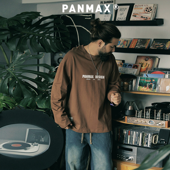 PANMAX trendy brand plus size men's long-sleeved T-shirt loose letter print color block design high street trendy top