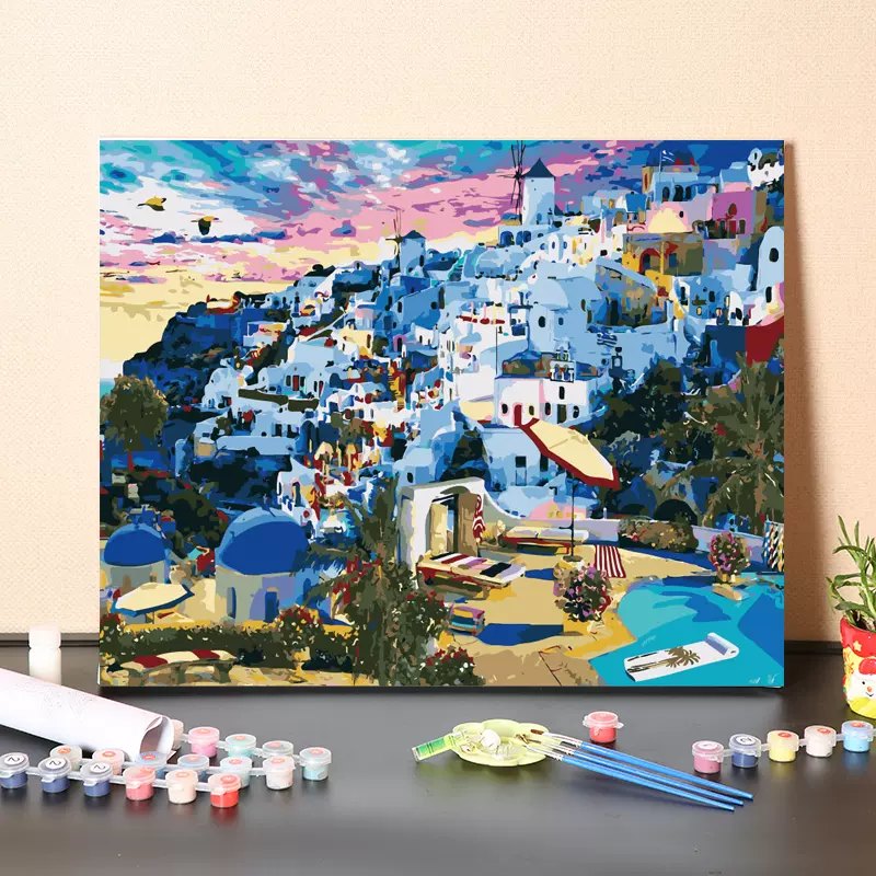 数字油画diy手工填充希腊爱琴海圣托里尼风景手绘画画涂色油彩画-Taobao