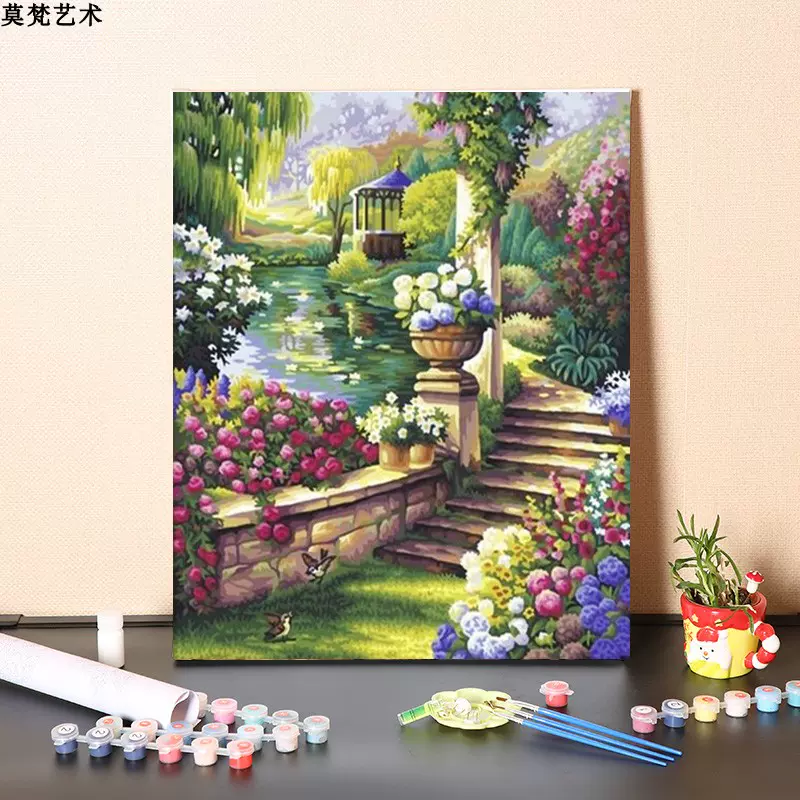 数字油画diy手工制作浪漫花园小道填充花卉手绘涂色风景油彩画画-Taobao