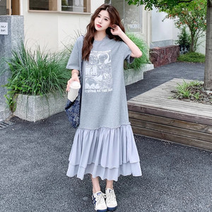 
2026 new super hot high-end fat mm extra large size skirt pure cotton splicing chiffon 200*0.5kg summer short-sleeved slimming dress