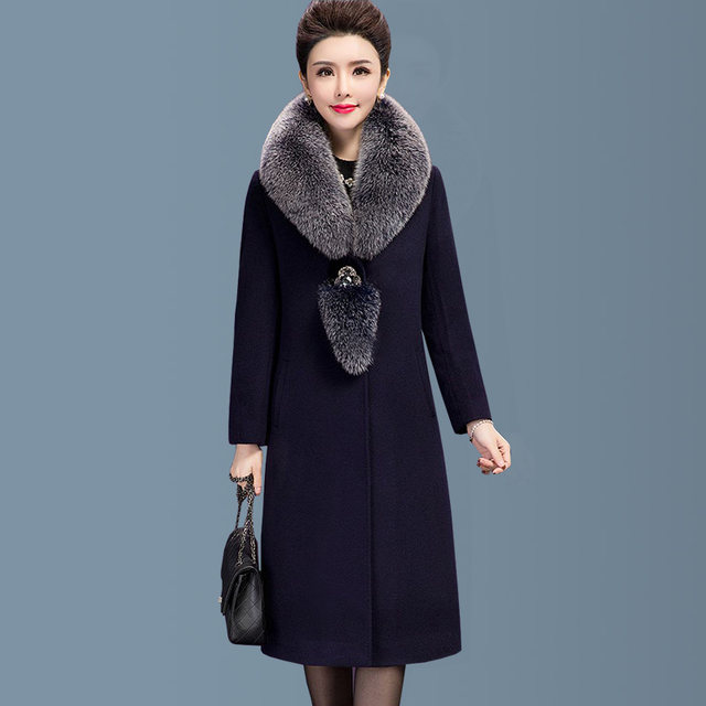 Large fur collar cashmere coat women's mid-length 2025 autumn and winter new middle-aged mother's wear waist wool woolen coat