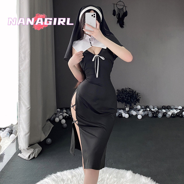 Pure lust sexy nun cos costume side slit dress abstinence church saint virgin hollow open chest bar nightclub costume