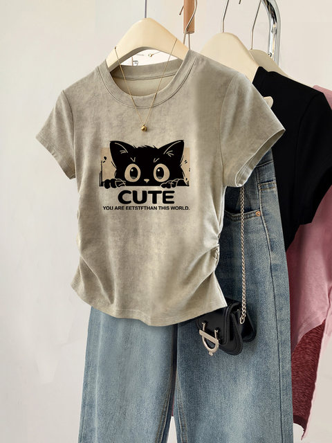 Chic shoulder cat print short-sleeved T-shirt for women summer new hot ...