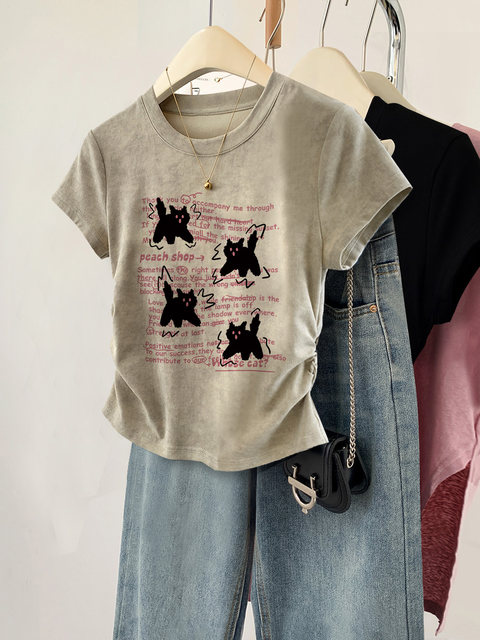 Chic shoulder cat print short-sleeved T-shirt for women summer new hot ...