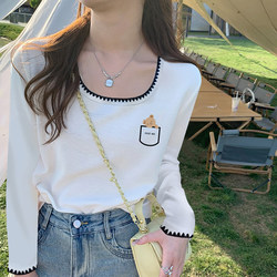 Spring and Autumn New Trendy Korean Style Unique Chic Lace Contrast Color Square Neck Long Sleeve T-Shirt Women's Pure Cotton Top ins Trend