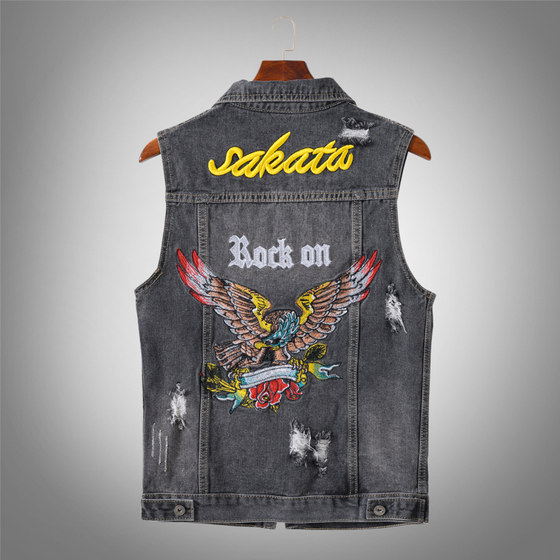 
Social trend gray embroidered ripped denim vest vest men's Korean style slim large size sleeveless vest horse clip