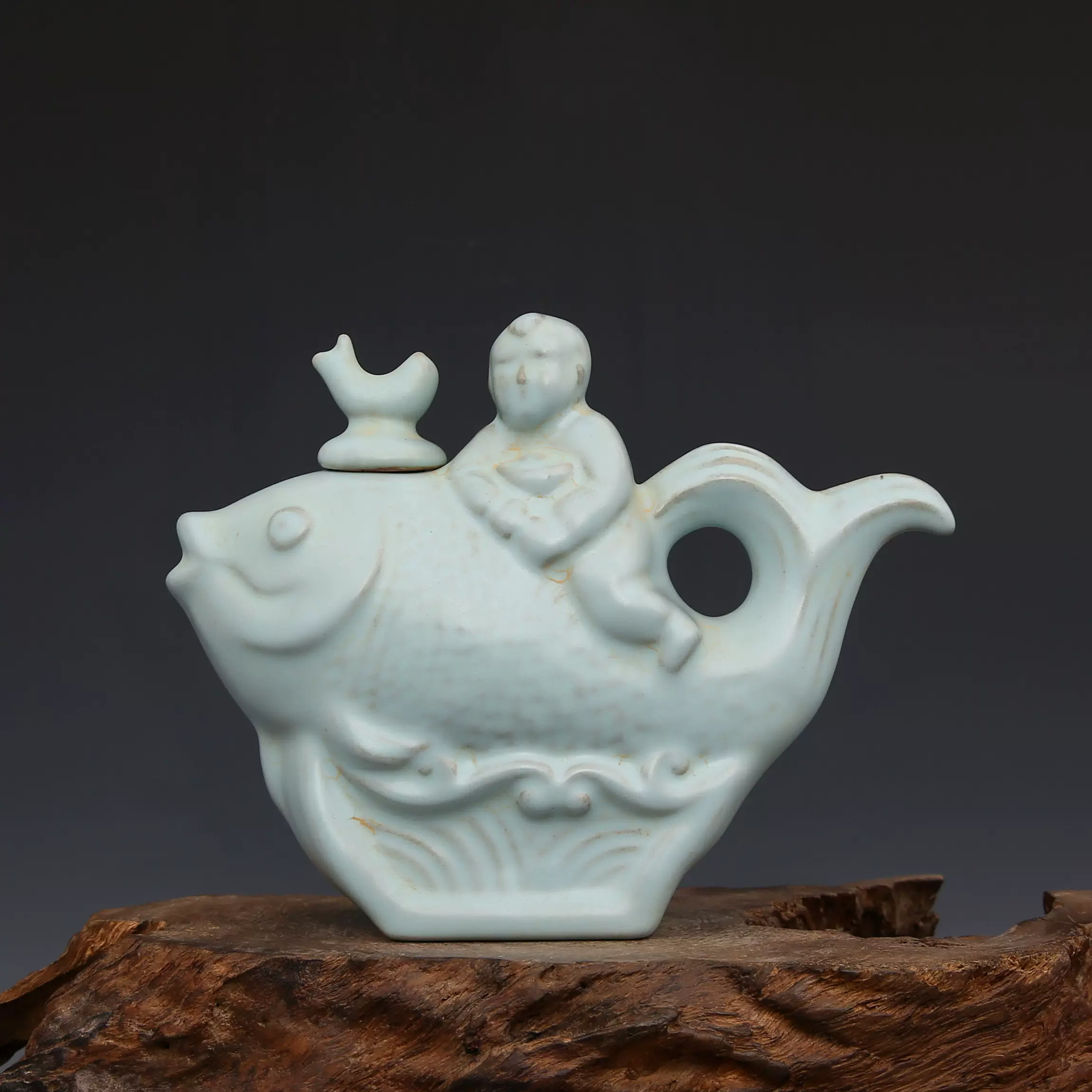 宋汝窑天蓝釉刻划婴戏鱼形壶茶壶古董瓷器古玩古瓷器-Taobao
